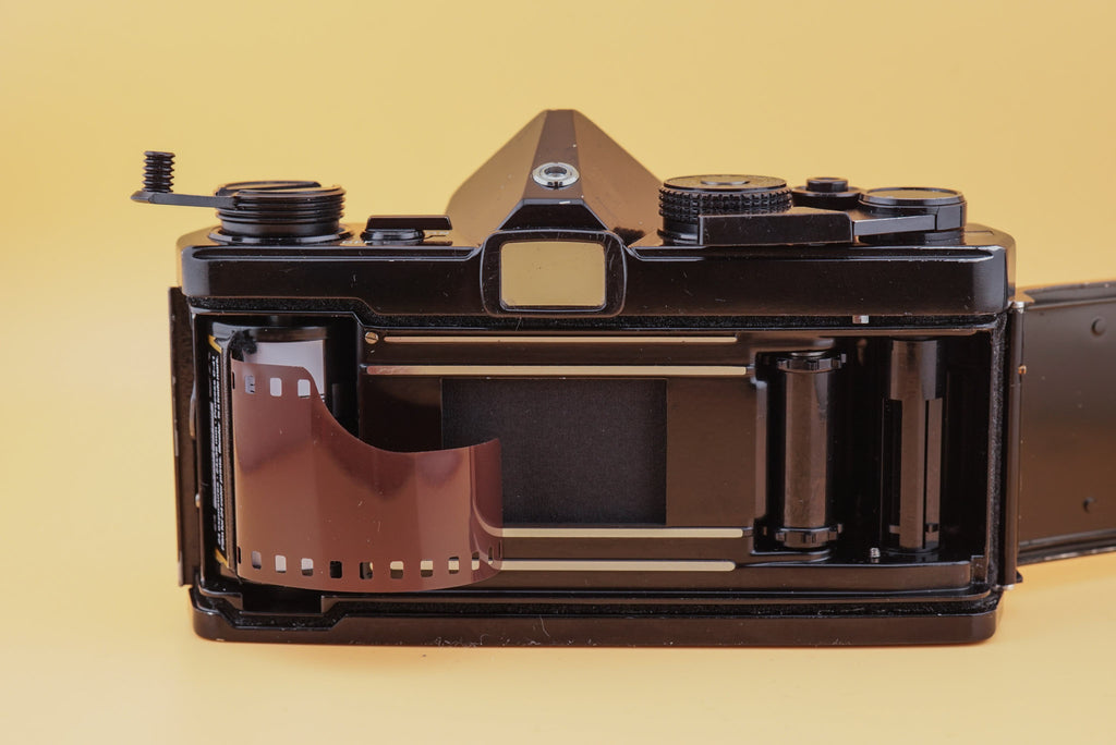 roll of film inside an olympus om-1 camera