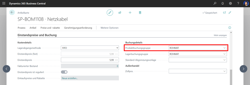 Business Central Produktbuchungsgruppen