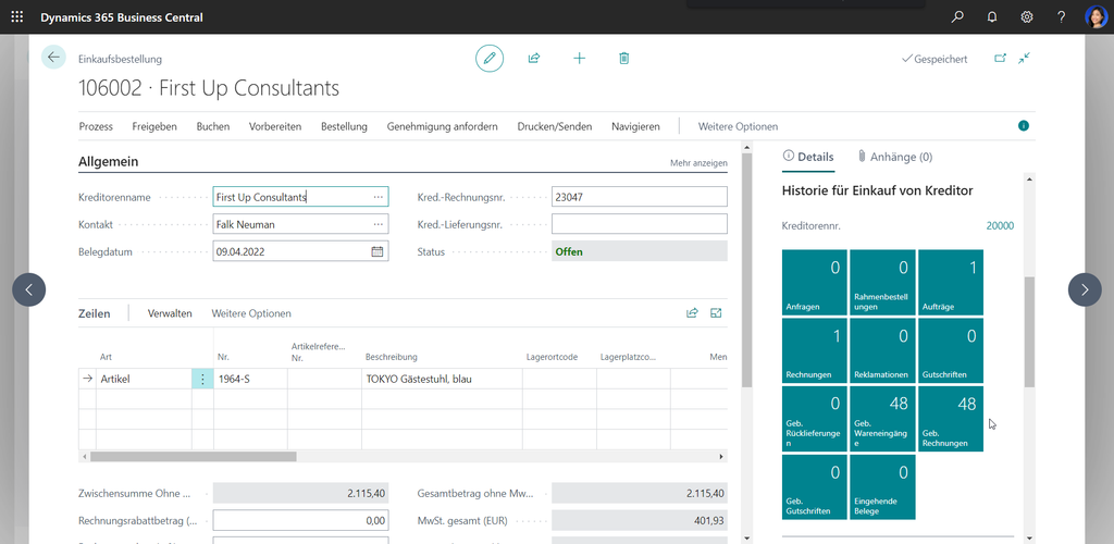 Business Central Einkaufsbestellung Karte