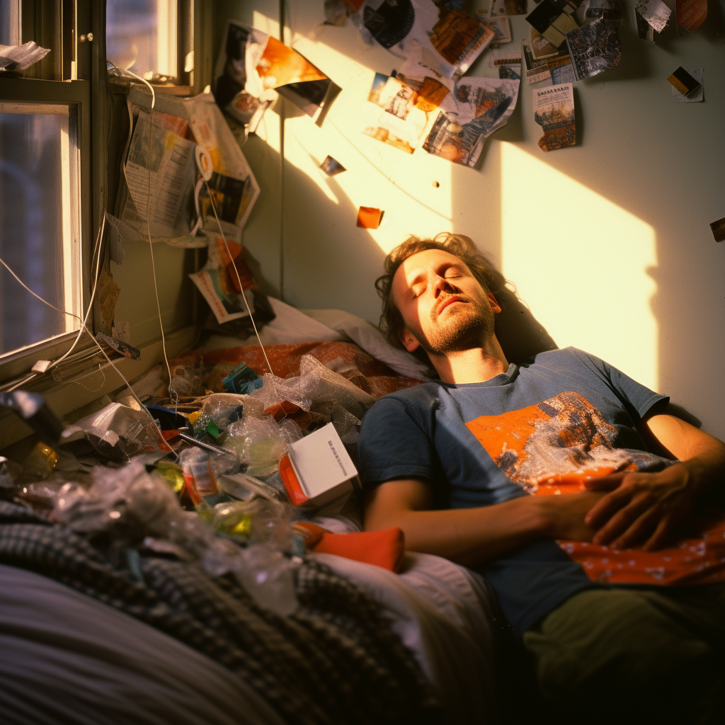 A man sleeping peacefully in a messy room.
