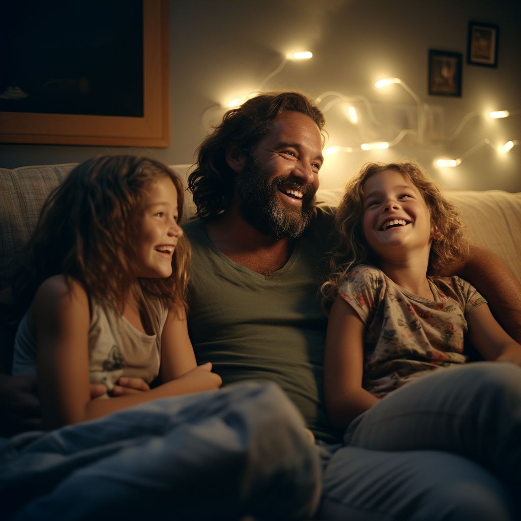 A father and his daughters watching television together