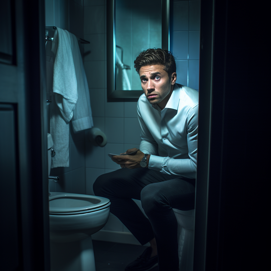 A man sitting on a toilet at night
