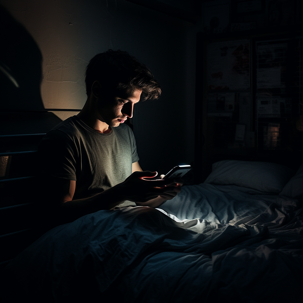 Image of a young man sitting on his phone before going to bed