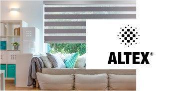 altex logo and image of living room with window covered partially with blinds in the background