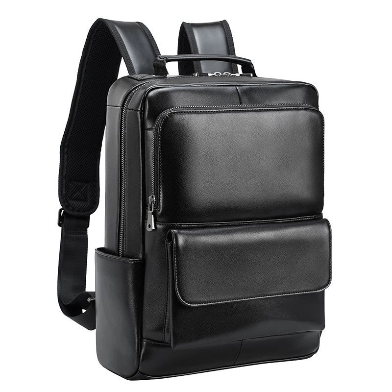 Neouo Black Real Leather 14 inch Men Laptop Backpacks