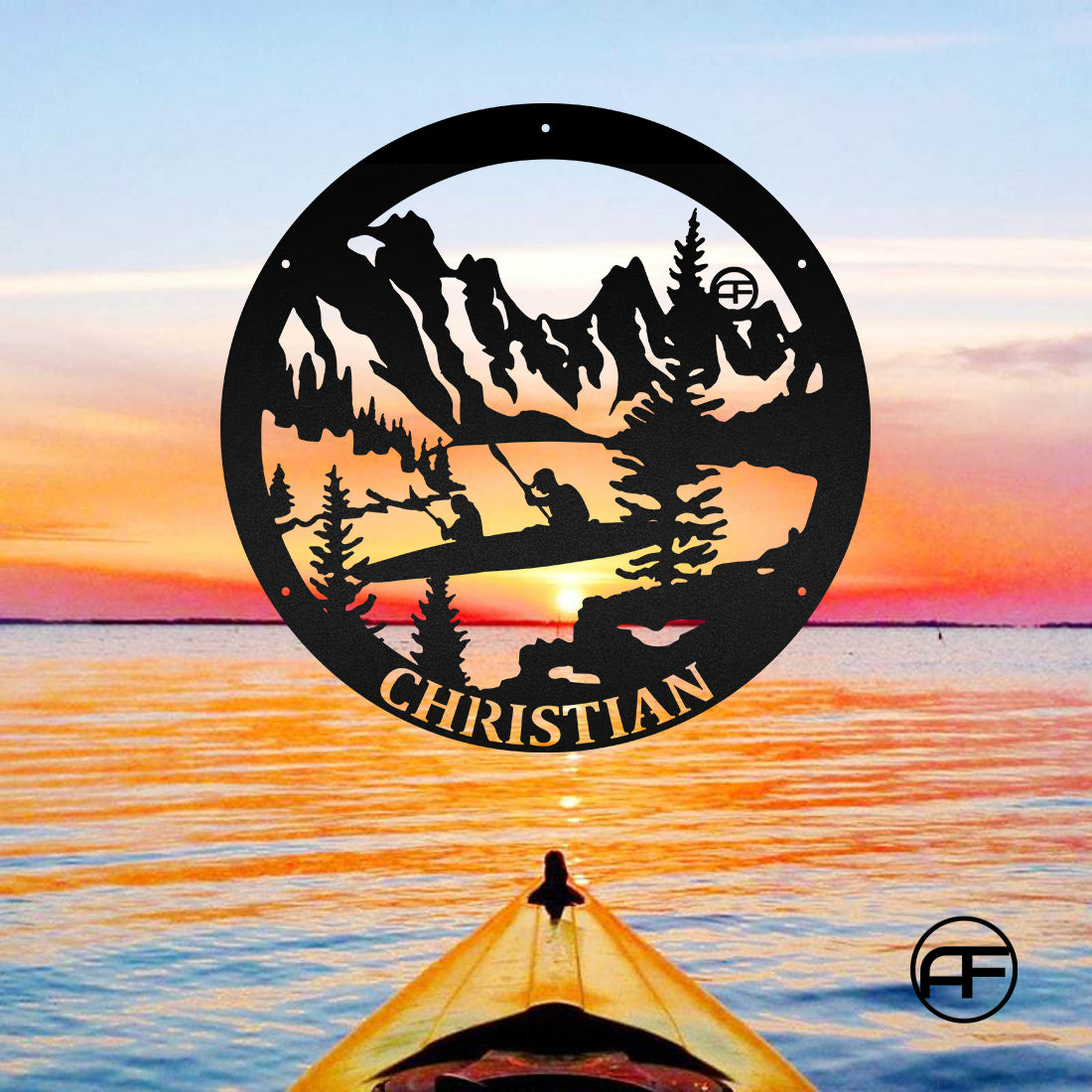 Kayak And Mountain Lake Scene Metal Art Sign