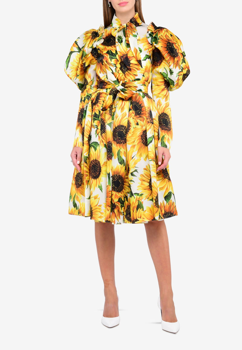 Sunflower Print Silk Dress with Gigot Sleeves – THAHAB KW