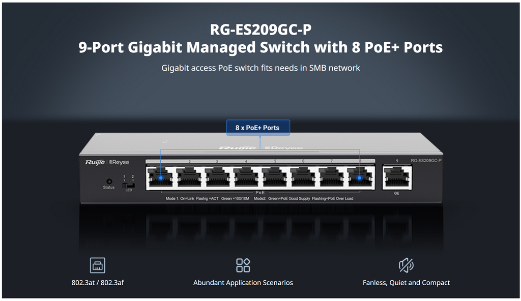 RG-ES208GB-P 9-Port Gigabit Managed Switch with 8 PoE+ Ports