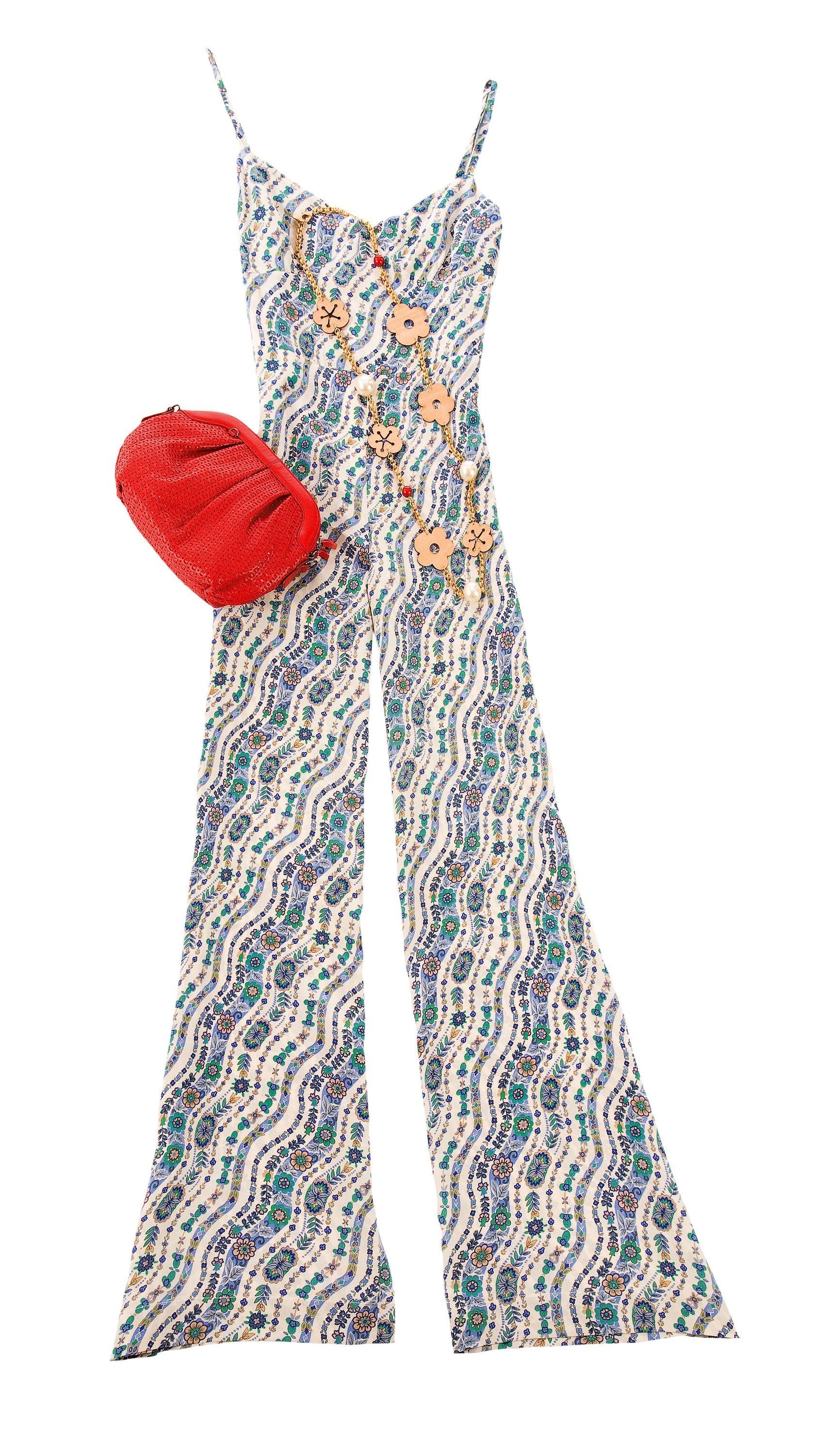 retro jumpsuit and red purse