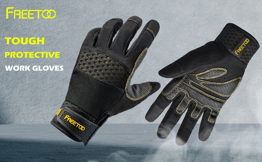 FREETOO Mechanic Work Gloves, [Full Palm Protection] [Excellent Grip]  Working Gloves with Padded Leather for Men Women, Knuckle Impact Absorption