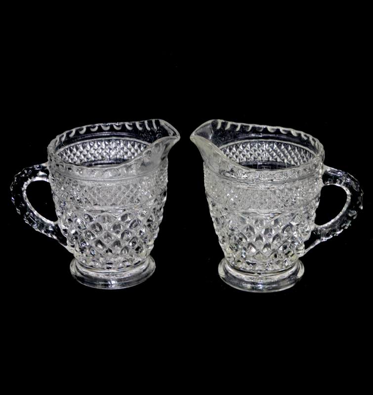 Vintage pair of clear depression glass hobnail milk jugs