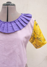 Load image into Gallery viewer, reduced price Upcycled light purple cotton cropped top with pleated collar detail and yellow satin sleeves o.o.a.k. made in u.k. size 12-14
