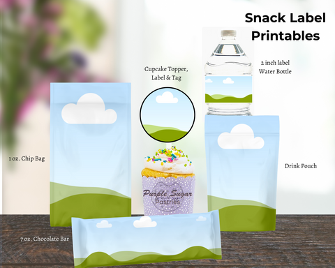 Picture of Printable PDF snack labels for chip bags, candy bars, juice pouches, water bottles, cupcake toppers, labels and tags