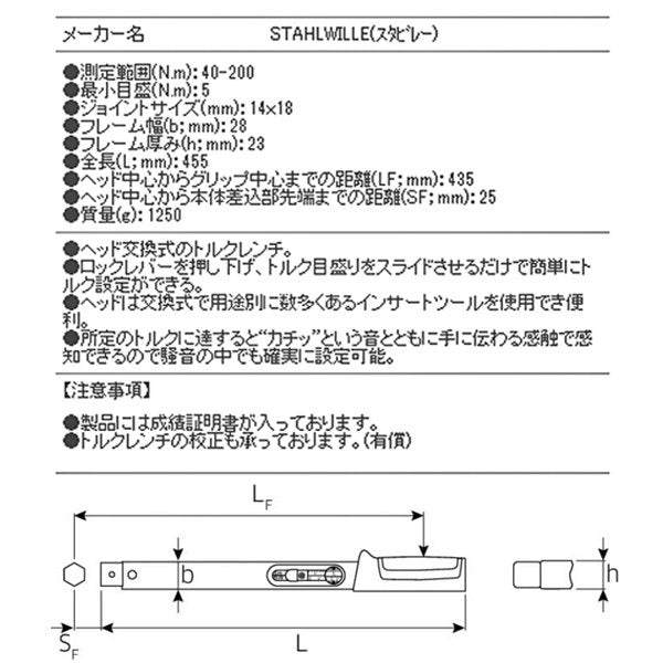 STAHLWILLE スタビレー 〔日本仕様〕 トルクレンチ MANOSKOP トルク範囲40-200Nm 素早くトルク設定 板ばね採用  730/20QUICK-JP