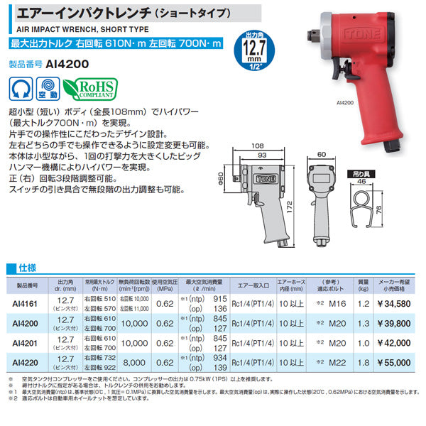 トネTONEエア-インパクトレンチショートタイプAI4200差込角12.7mm1/2レッド700Nm