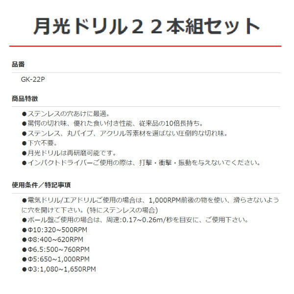 最安値！！ビックツール BIC TOOL 月光ドリル 22本セット GK-22P