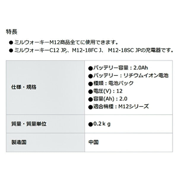 新素材新作 ミルウォーキー M12専用2.0Ahバッテリー M12 B2 JP Milwaukee 12V M12シリーズ全モデル対応 