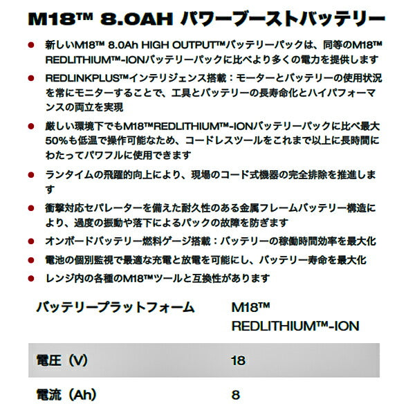 ミルウォーキーエレクトリックツール ミルウォーキーエレクトリックツール ミルウォーキー M18 8.0Ah パワーブーストバッテリー  Milwaukee REDLITHIUM-ION 18V 8Ah M18 HB8 JP 返品種別B