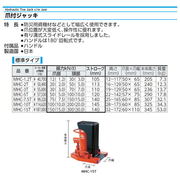 お買い得品 マサダ 爪付油圧ジャッキ 250 x 170 240 mm MHC1TL