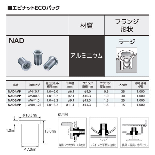 新しいブランド <br>ロブテックス NAD5MP エビ ブラインドナット エビナット 平頭 アルミ製 エコパック 板厚3.2 M5X0.8 30個入 