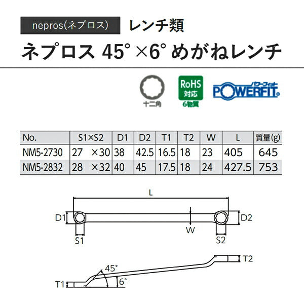 受賞店 NM5-2730 KTC ネプロス 45°×6°めがねレンチ