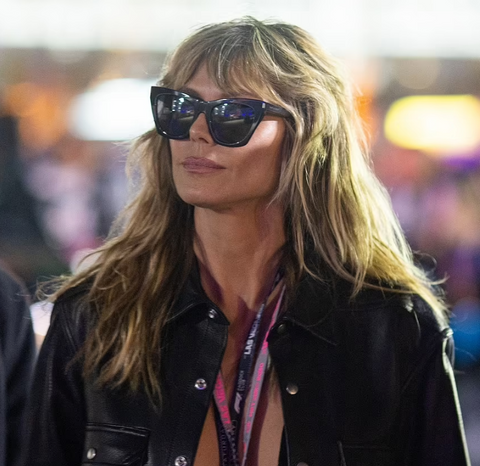 Heidi Klum wearing black cat-eye sunglasses at the Las Vegas Grand Prix 2023