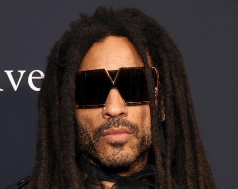 Lenny Kravitz at the 66th Grammy Awards on the red carpet wearing oversized sunglasses from Valentino