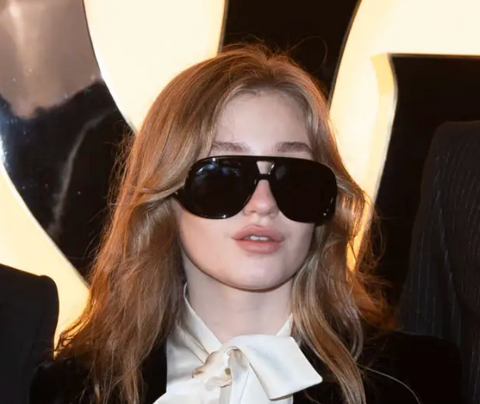 Mimi Ryder in Paris at the Saint Laurent fashion show for FW24 collection wearing black aviator solace sunglasses