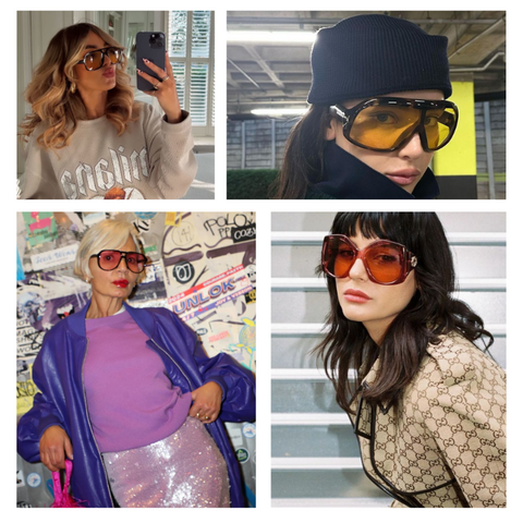 Fashion influencers wearing oversized sunglasses with coloured lenses