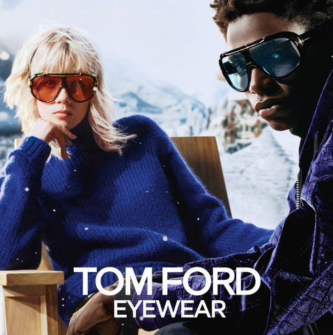 Tom Ford Après-Ski eyewear collection campaign image featuring Tom Ford Rellen sunglasses with photochromic lenses in blue and light orange.