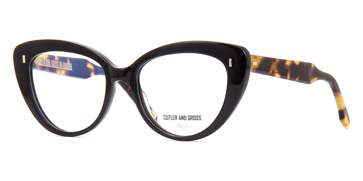 Three quarter view of women's large black butterfly spectacle frame with tortoise shell temple arms