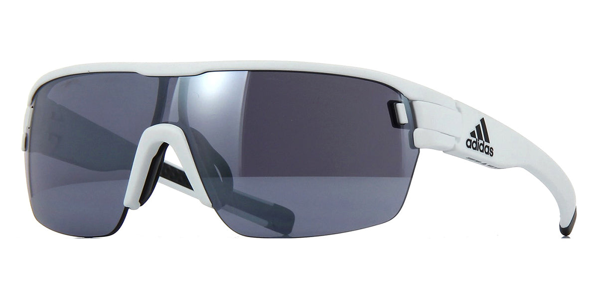 Three quarter view of white Adidas Zonyk Aero Pro sunglasses frame with dark tinted lenses