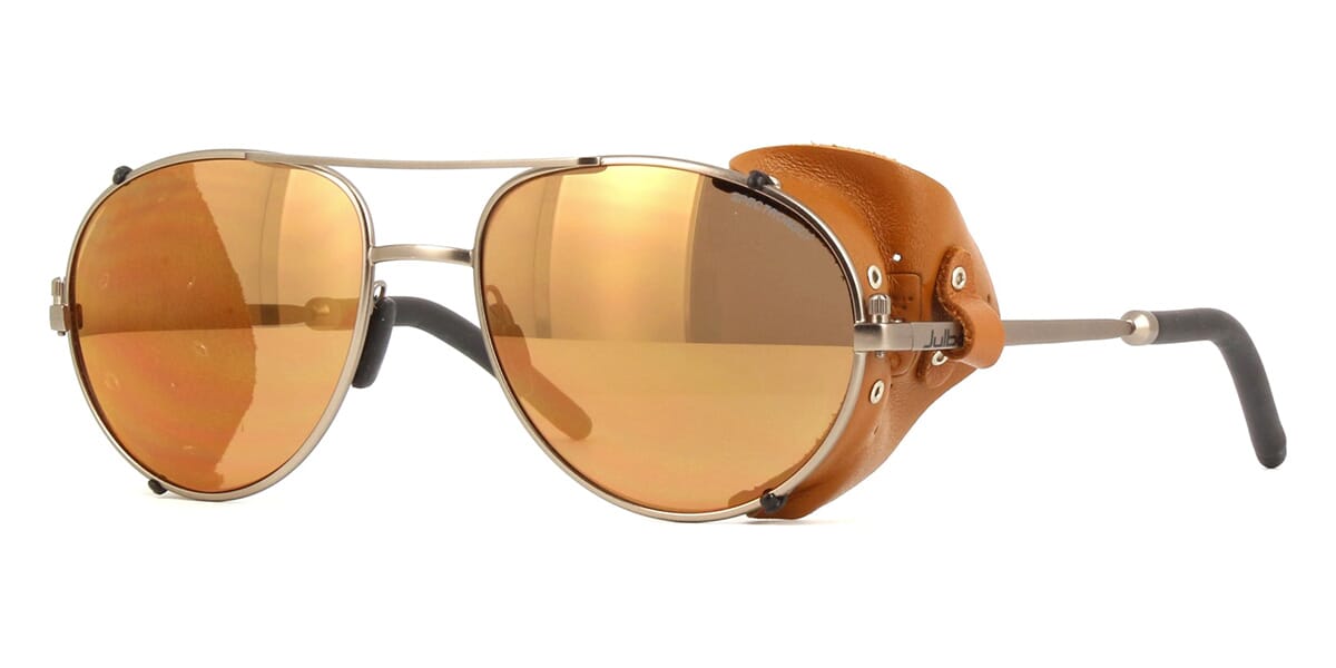 Side view of Julbo Cham side shield sunglasses frame with gold mirror sun lenses