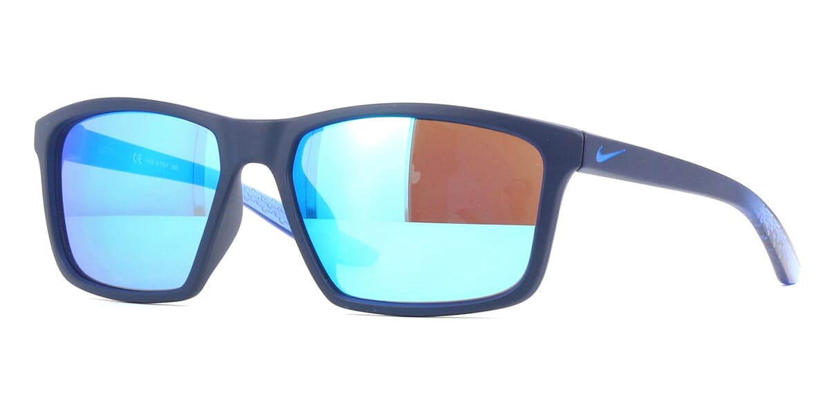 Three quarter view of black Nike Valiant Sunglasses fame with blue mirror sun lenses