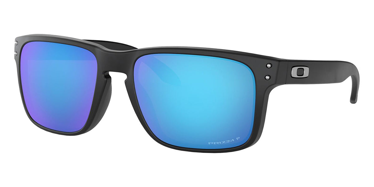 Three quarter view of black rimmed Oakley Holbrook skiing sunglasses frame with blue mirror polarised sun lenses