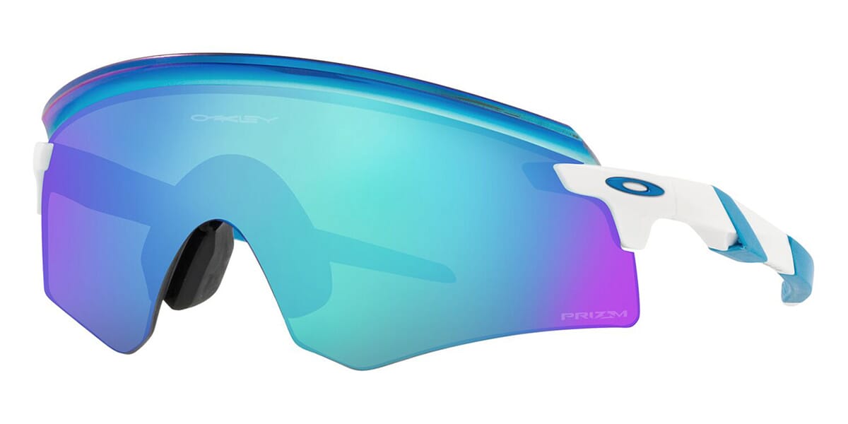 Three quarter view of white Oakley Encoder sunglasses frame with blue Prizm sun lenses