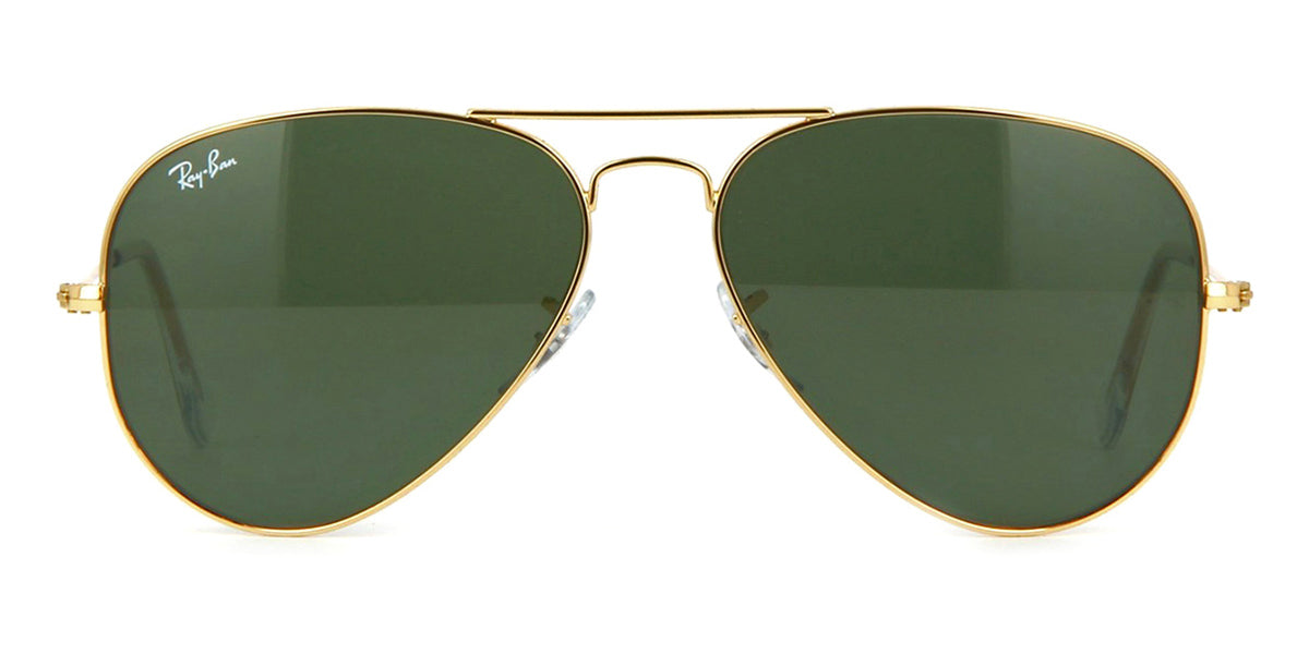 Gold wire rim Ray-Ban Aviator sunglasses with green tinted lenses