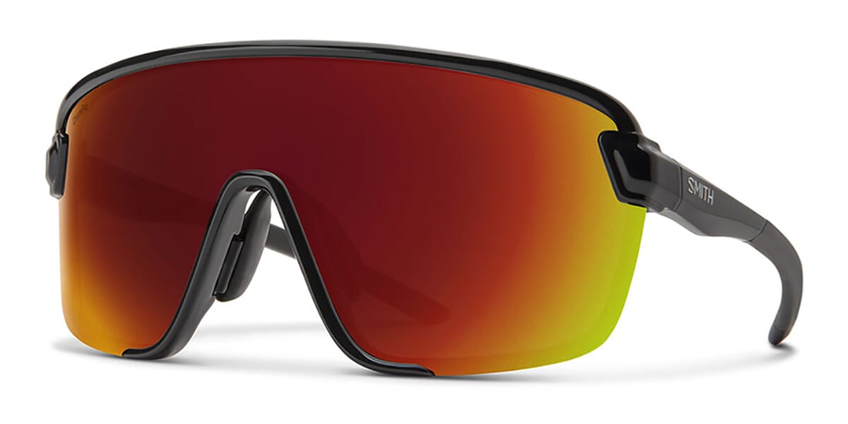 Three quarter view of black rimmed Smith Bobcat skiing sunglasses with orange tinted mirror sun lenses