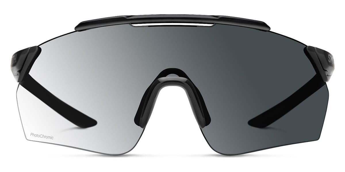Front view of black rimmed Smith Ruckus skiing sunglasses frame