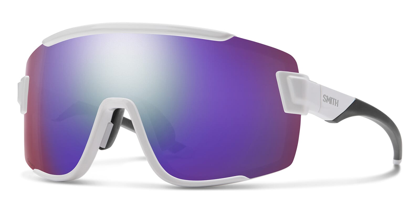 Three quarter view of white Smith Wildcat skiing sunglasses frame with blue and purple tinted lenses