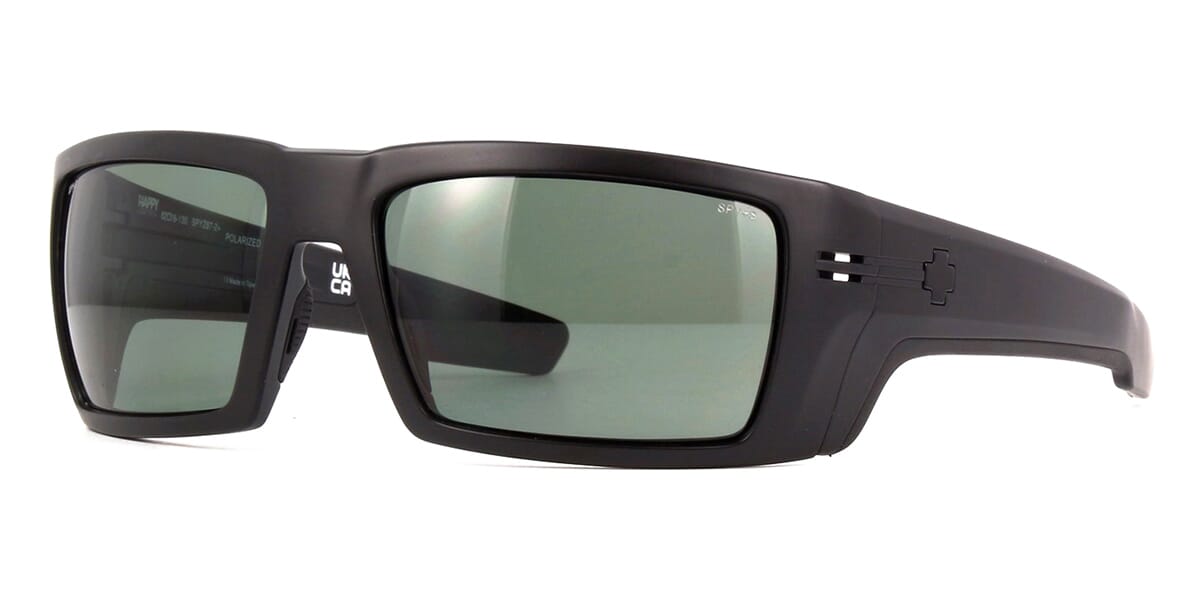 Three quarter view of thick black sports sunglasses with grey tinted lenses