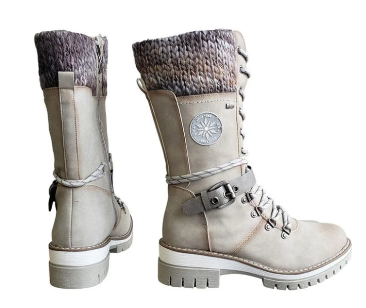 womens buckle lace knitted mid calf boots