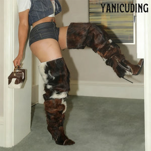 Cowhide Furry Thigh High Boot - ShopEbonyMonique