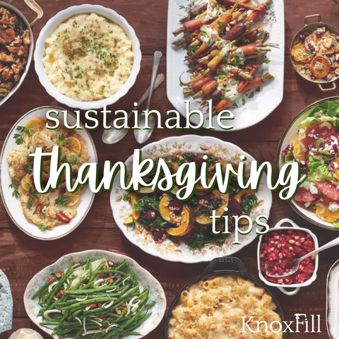 sustainable thanksgiving tips title over a photo of Thanksgiving foods