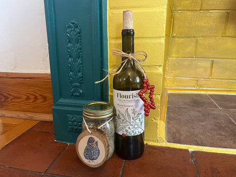 wine bottle and jar with wrapping touches