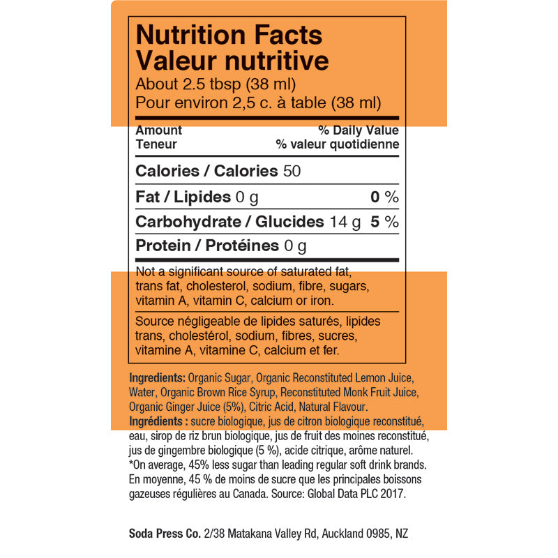 Soda Press Organic Ginger Ale Nutrition Label