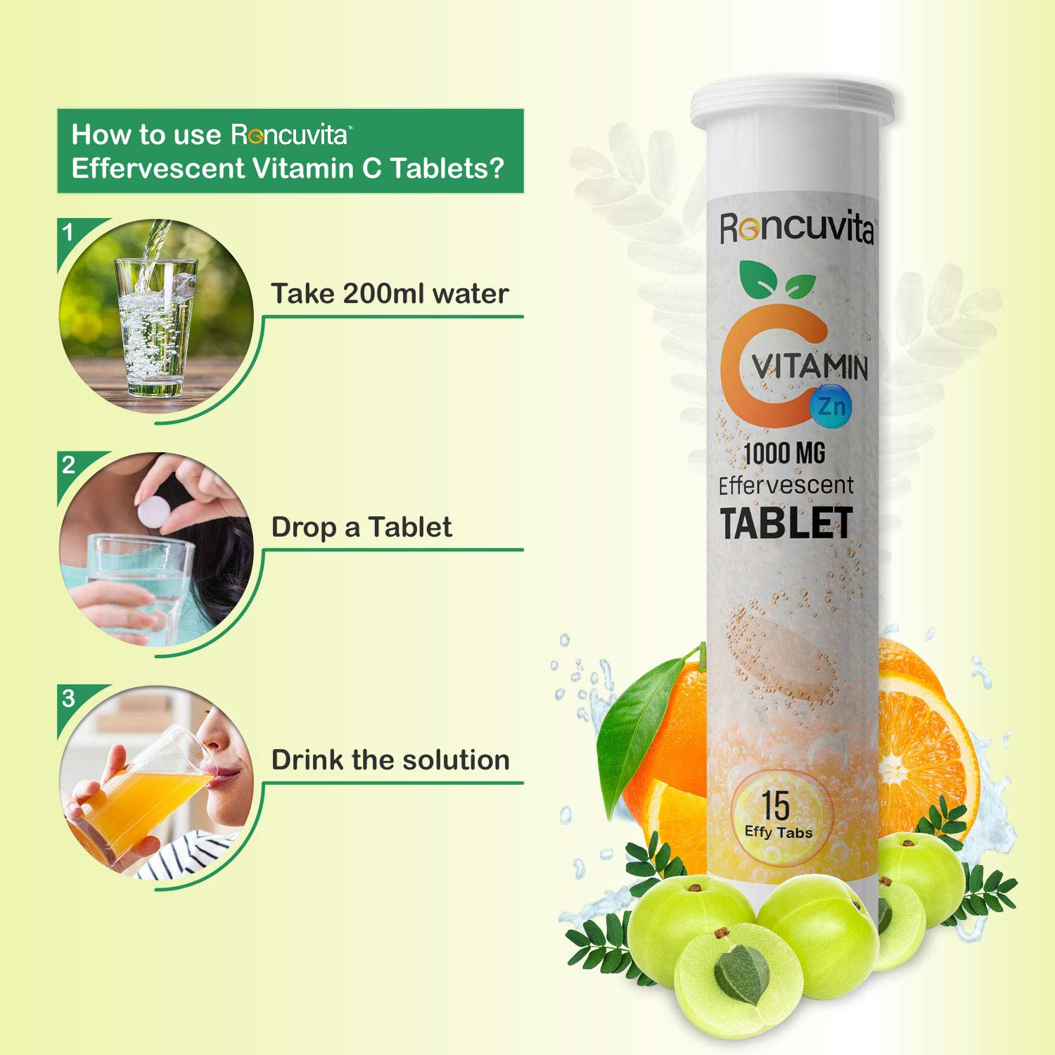 Natural Vitamin C 1000mg And Zinc 15 Effervescent Tablets Roncuvita