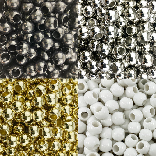 500 Glossy Black Tie Mix Acrylic Large Hole Beads 10mm with 4.8mm Hole in Black, White, Silver and Gold