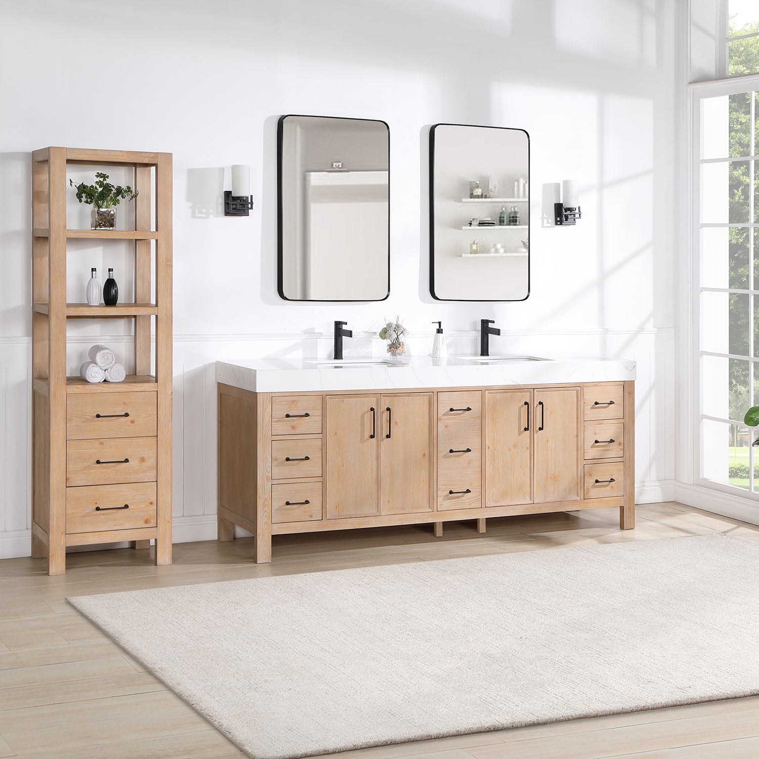 León 84in. Free-standing Double Bathroom Vanity in Fir Wood Brown with ...