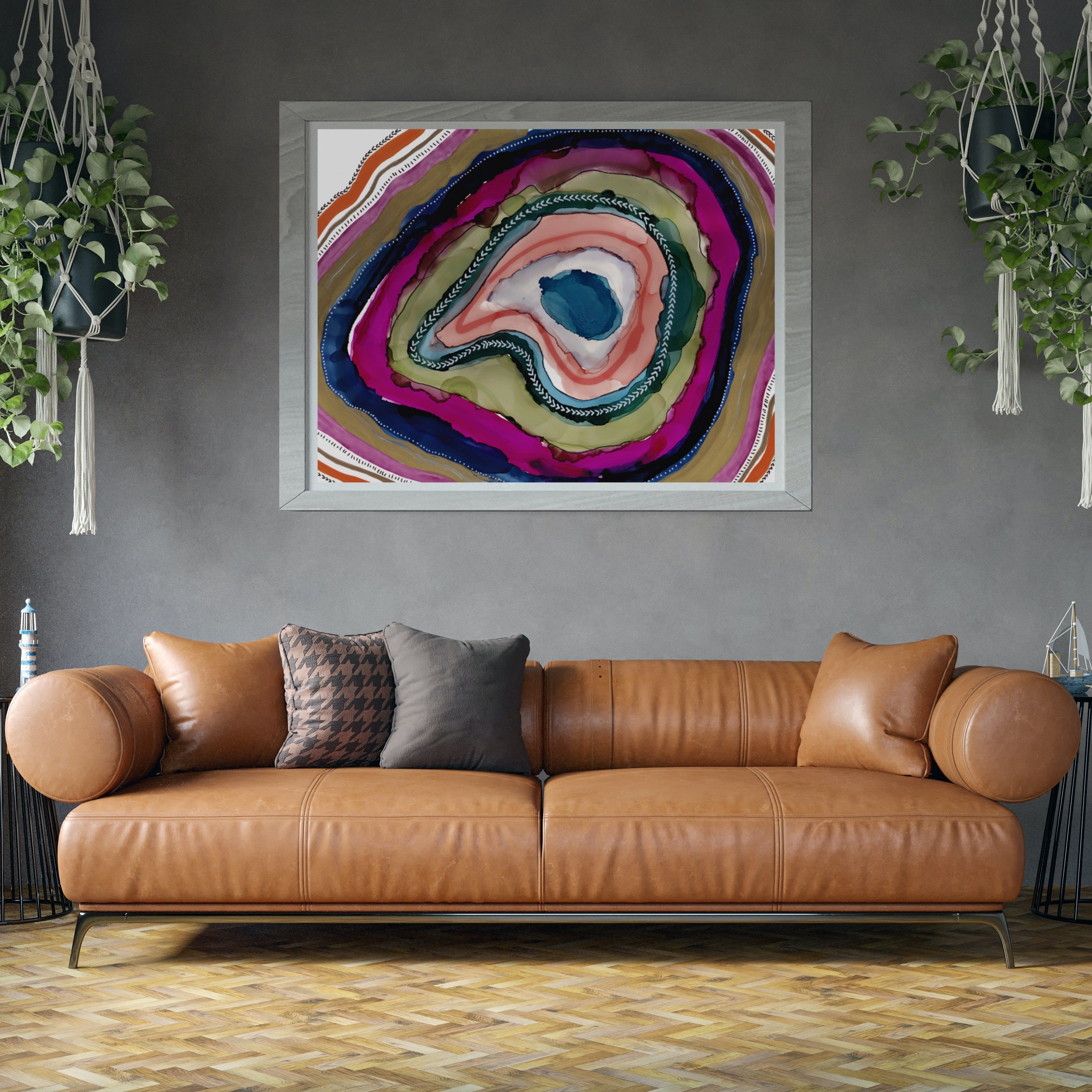 Agate Slice Geode Abstract Painting Art Print Red Gold Magenta